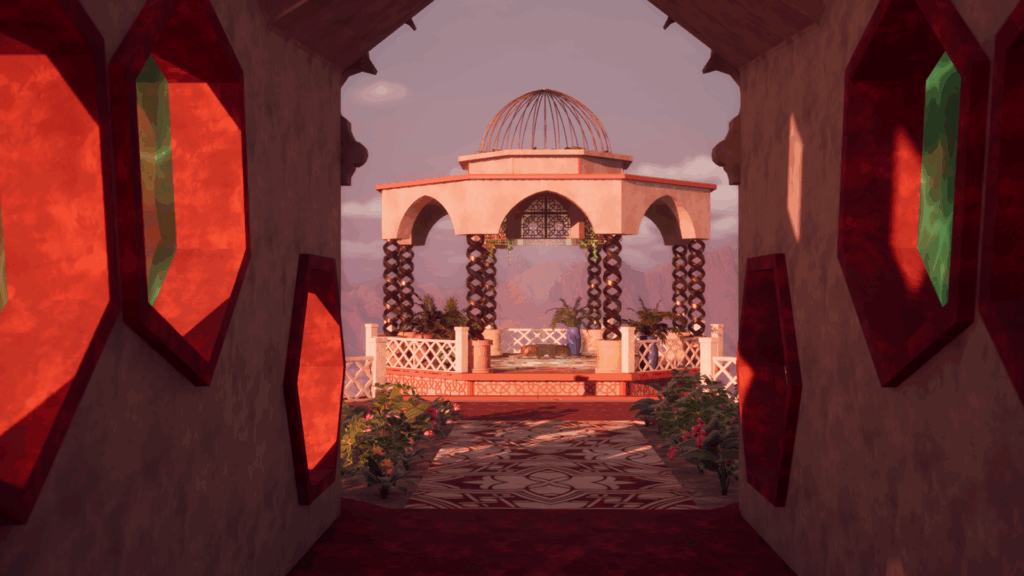 An image from the game The House of Hikmah, looking out through a hallway to a gazebo with spiraling columns in the distance.